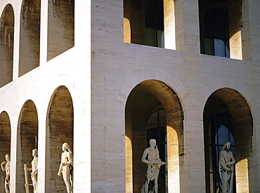 Palazzo della Civilta di Lavoro (square Colosseum), EUR (Esposizione Universale Romana), suburb planned in the 1930s during the time of Mussolini, Rome, Lazio, Italy, Europe