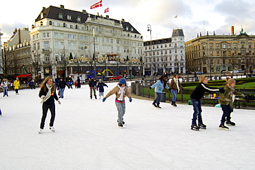 Hotel d'Angleterre and skating rink, Kongens Nytorv at Christmas, Copenhagen, Denmark, Scandinavia, Europe