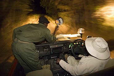 Night game drive in South Luangwa National Park, Zambia, Africa