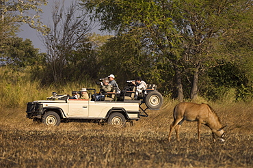 Roan antelope and safari vehicle, Busanga Plains, Kafue National Park, Zambia, Africa