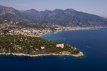 View from helicopter of Roquebrune, Cap Martin, Provence, Cote d'Azur, French Riviera, France, Mediterranean, Europe