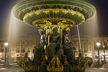 Place de la Concorde fountains at night, Paris, France, Europe