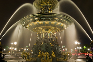 Place de la Concorde fountains at night, Paris, France, Europe