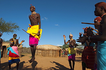 Samburu tribesmen performing traditional dance, Loisaba Wilderness Conservancy, Laikipia, Kenya, East Africa, Africa