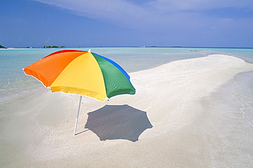 Umbrella and sandbar, North Male Atoll, Maldives, Indian Ocean, Asia