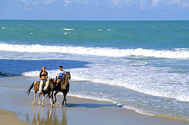 Couple riding horses on the beach, Tibau do Sul, Natal, Rio Grande do Norte state, Brazil, South America