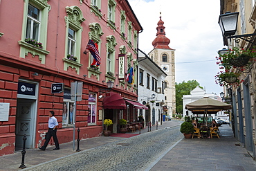 Cankarjeva street and the City Tower, Ptuj, Slovenia, Europe