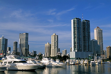 Yachts and city skyline, Panama City, Panama, Central America