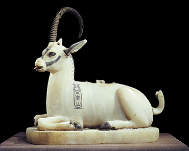 Inlaid alabaster unguent jar in the form of an ibex, with one natural horn, from the tomb of the pharaoh Tutankhamun, discovered in the Valley of the Kings, Thebes, Egypt, North Africa, Africa