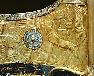 Detail from a state chariot showing the king as a sphinx trampling the enemies of Egypt underfoot, from the tomb of the pharaoh Tutankhamun, discovered in the Valley of the Kings, Thebes, Egypt, North Africa, Africa