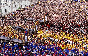 Crowd in Piazza del Comune, La Corsa dei Ceri feast on 15th of May, Gubbio, Umbria, Italy