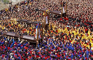 Crowd in Piazza del Comune, La Corsa dei Ceri feast on 15th of May, Gubbio, Umbria, Italy