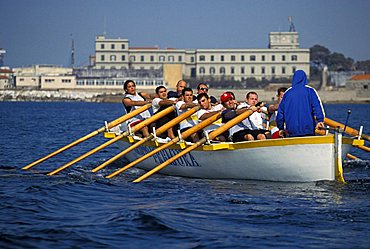 Training of Ovosodo rower for Seafaring Palio, Livorno, Tuscany, Italy