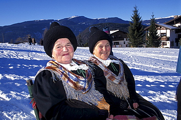 A peasant wedding, Guests with typical costumes, Castelrotto, Trentino Alto Adige, Italy.