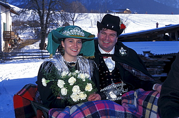 A peasant wedding, Bride and groom during the ceremony, Castelrotto, Trentino Alto Adige, Italy.