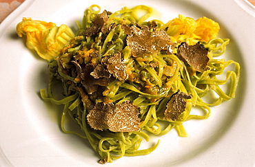 Pasta with black truffle and flowers of pumpkin, Il Bersaglio restaurant, Città di Castello, Umbria, Italy.