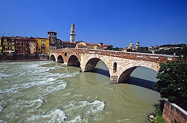 Ponte di Pietra bridge on Adige River, Verona, Veneto, Italy 