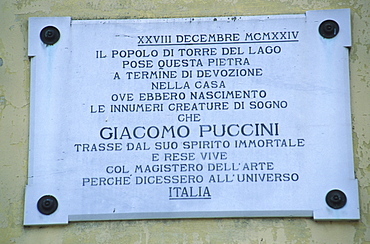 Plaque, Villa Puccini, Torre del Lago, Tuscany, Italy