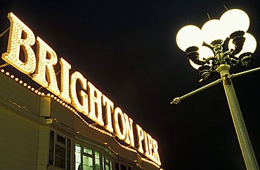 Illuminated Brighton Pier's sign, Brighton, South East England, England, UK, Europe