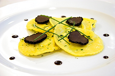 Ravioli pasta with black truffles, Helvetia Beauty Farm hotel, Porretta Terme, Emilia Romagna, Italy