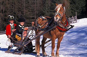 Typical costumes and antique sleigh, Alta Badia, Trentino Alto Adige, Italy