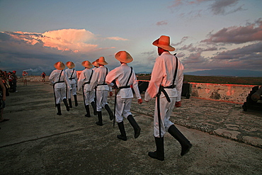 The lowering of the flag, Castle of Morro (Castillo del Morro), Santiago de Cuba, Cuba, West Indies, Central America