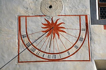 Sundial, St. Johann Mustair monastery, Mustair, Val Monastero, Bassa Engadina, Switzerland, Europe