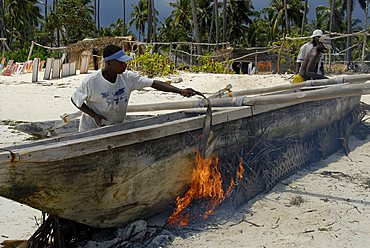 Antiparasitics treatment on a traditional fishing boat, Zanzibar, United Republic of Tanzania, Africa