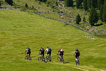 on Bike near Brogles refuge, between Gardena Valley and Funes Valley, Alto Adige, Italy                                 