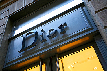 Dior shop sign, Via Monte Napoleone street, Milan, Lombardy, Italy, Europe