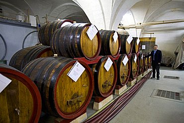 Barrel, Vinicola Resta wine factory, San Pietro Vernotico, Puglia, Italy