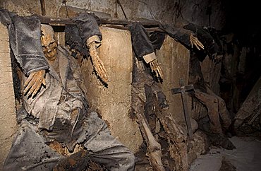 Crypt with mummies, San Bartolomeo church, Campagna, Campania, Italy.