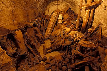 Crypt with mummies, San Bartolomeo church, Campagna, Campania, Italy.