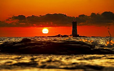 Light house at sunset, Mangiabarche, Calasetta, Sant'Antioco, Carbonia Iglesias, Sardinia, Italy, Europe