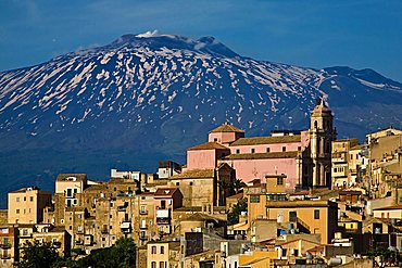 Cityscape Centuripe and Etna volcano, Sicily, Italy