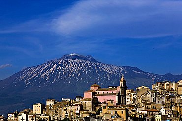 Cityscape Centuripe and Etna volcano, Sicily, Italy