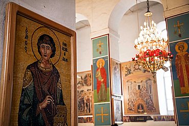 Middle East, Madaba, Greek Orthodox St Georgeâ€™s Church. Madabaâ€™s most famous site about Mosaics