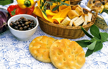 Focaccia and olives, Ligury, Italy