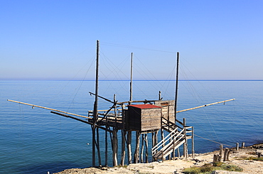 Trabucco for fishing, San Lorenzo bay, Vieste, Gargano National Park, Puglia, Italy