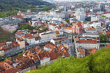 View of city centre from the Old Castle Ljubljanski Grad, Ljubljana, Slovenia, Europe