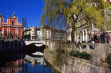 The Cathedral and Plecnik Three Bridges on Ljubljanica river, City center, Ljubljana, Slovenia, Europe