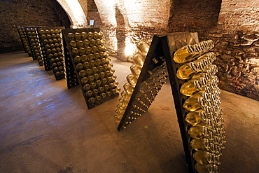 Bosca underground wine cathedral in Canelli, spumante bottles, Asti, Piedmont, Italy, Europe