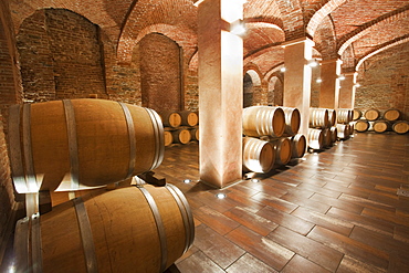 Gancia underground wine cathedral in Canelli, the barrels made by oak wood and named "barriques" where the wine is maturing,  Asti, Piedmont, Italy, Europe