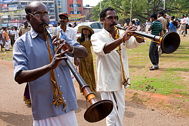 Local musicians taking part to the celebration of the festival, Thrissur Pooram festival, Thrissur, Kerala, India, Asia