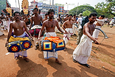 Musicians of the Chenda Melam rhythmic orchestra, Thrissur Pooram festival, Thrissur, Kerala, India, Asia