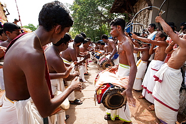 Typical Chenda Melam musical performance in the courtyard of a temple, Thrissur Pooram festival, Thrissur, Kerala, India, Asia