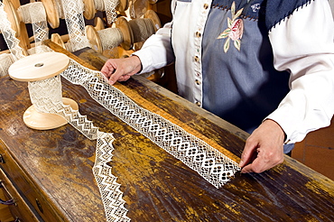 Lace and lace pillow, Handicraft, Cogne, Valle d'Aosta, Italy, Europe