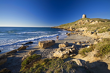 Beach and the tower, San Giovanni di Sinis, Sinis, Cabras, Oristano District, Sardinia, Italy, Europe