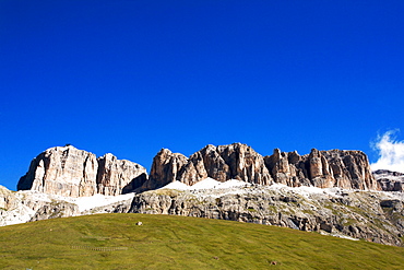 Landscape to Pordoi pass with view on Sella mountain and  Piz Bovû, Dolomites, Fassa valley, Trentino Alto Adige, Italy, Europe