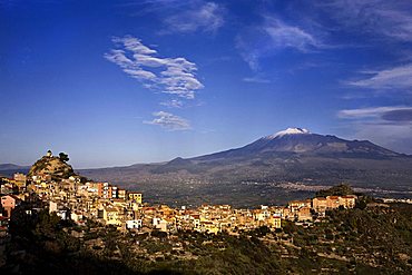 Cityscape of Centuripe, in the background Etna volcano, Centuripe, Sicily, Italy